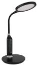 Moderne schwarze LED-Schreibtischlampe mit flexiblem Arm und Touch-Bedienfeld auf rundem Standfuß.