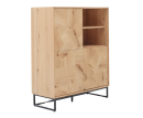 Modernes Sideboard aus hellem Holz mit offenen Fächern und Türen, Metallgestell, skandinavisches Design.