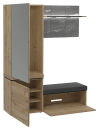 Moderner Garderobenschrank aus Holz mit Spiegel, Sitzbank, Schubladen und grauer Wandpaneele.