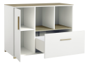 Weißer Sideboard-Schrank mit Holzplatte, offenen Fächern, einer Tür und einer großen Schublade, modern.