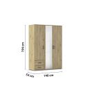 Drehtürenschrank aus Holz, 140x194x53 cm, mit Spiegel, zwei Schubladen und drei Türen, modern und funktional.