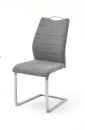 Moderner Schwingstuhl mit grauem Stoffbezug und Metallgestell, ergonomisch, Esszimmerstuhl, Designstuhl.