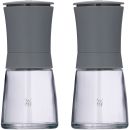 Zwei WMF Gewu00fcrzmu00fchlen aus Glas und Edelstahl mit grauem Deckel, ideal fu00fcr Salz und Pfeffer.