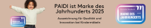 PAIDI ist Marke des Jahrhunderts 2025 Lachendes Kind mit ausgestreckten Armen vor beigefarbenem Hintergrund; daneben Text zur Auszeichnung von PAIDI als Marke des Jahrhunderts 2025.