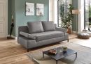 Modernes Wohnzimmer mit grauem Sofa, Couchtisch, großen Fenstern, Wandbildern und Zimmerpflanze auf Holzfußboden.
