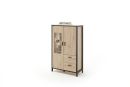 Modernes Sideboard aus Holz mit Glaseinsatz, zwei Schubladen, Metallrahmen und dekorativen Accessoires oben.