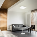 Modernes Wohnzimmer mit grauem Sofa, Sessel, Couchtisch, Holzjalousien und viel Tageslicht.