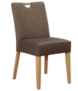 Moderner Esszimmerstuhl mit braunem Polstersitz, Stofflehne und Holzbeinen, ideal für Esszimmer oder Küche.