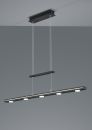 Moderne LED-Pendelleuchte in Schwarz mit fünf runden Lichtquellen, höhenverstellbar, minimalistisch designt.