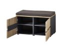 Moderne Sitzbank mit braunem Polster, offenen Türen und vier Fächern aus Holz und Metall für Flur oder Diele.