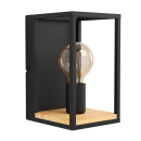 Moderne schwarze Wandleuchte mit Holzsockel und sichtbarer Glühbirne im minimalistischen Industriedesign.