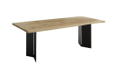 Moderner Esstisch aus Massivholz mit natürlicher Holzplatte und schwarzen Metallbeinen, minimalistisches Design.