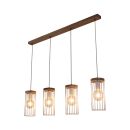 Moderne Pendelleuchte aus Holz mit vier hängenden Lampen, warmes Licht, ideal für Esszimmer oder Küche.