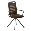 Moderner brauner Bürostuhl mit Armlehnen, Netzrücken und Metallgestell, ergonomisch und drehbar.
