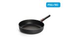 Schwarze, PFAS-freie Bratpfanne mit abnehmbarem Griff auf weißem Hintergrund, gesundes Kochen.