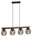 Moderne Pendelleuchte mit vier runden Glaslampen, Holzleiste und schwarzem Metall für Esszimmer oder Küche.