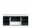 Modernes TV-Lowboard in Schwarz-Weiß mit offenen Türen, Regalfächern und Schublade, minimalistisch designt.
