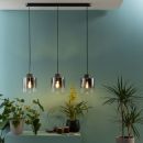 Drei moderne Pendelleuchten mit Glaslampenschirmen über Pflanzen vor einer mintgrünen Wand.