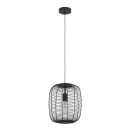 Moderne schwarze Pendelleuchte aus Metall mit sichtbarem Leuchtmittel, ideal für Wohnzimmer oder Esszimmer.
