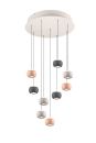Moderne Deckenleuchte mit neun runden Pendellampen in Grau, Weiu00df und Rosa, stilvolles Design fu00fcr Wohnzimmer.