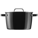 Schwarzer Kochtopf mit Deckel und silbernen Griffen, ideal für Küche, Kochen und Zubereitung von Speisen.