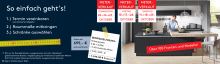Moderne Küchenzeile in dunklem Design mit Kochinsel, Messband und Infos zum Küchen-Meterverkauf im Möbelhaus.