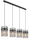 Moderne schwarze Pendelleuchte mit vier Lampenschirmen aus Metallstäben, ideal für Esszimmer oder Küche.
