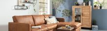 In einem breiten Bannerformat steht neben einer taubenblauen Wand, die zusammen mit zwei kleinblättrigen Bäumchen an den Mediterranen Stil erinnert, ein Industrial-Style Sofa in freundlichem Braun im Wohnzimmer.
