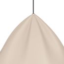 Moderne beige Hängelampe aus Stoff, minimalistisch, mit schwarzem Kabel, Nahaufnahme von unten.