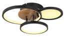 Moderne LED-Deckenleuchte mit drei runden, schwarzen Metallrahmen und Holz-Element, warmweißes Licht.