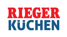 Logo mit dem Schriftzug „RIEGER KÜCHEN“, wobei „RIEGER“ in Rot und „KÜCHEN“ in Blau dargestellt ist, in serifenloser, klarer Schrift.  