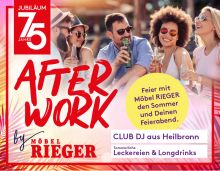 Werbeanzeige für ein After-Work-Event von Möbel Rieger mit feiernden Menschen, Getränken und Infos zur Sommerparty mit DJ und Longdrinks. Werbeanzeige für ein After-Work-Event von Möbel Rieger mit feiernden Menschen, Getränken und Infos zur Sommerparty mit DJ und Longdrinks.