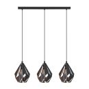 Moderne schwarze Pendelleuchte mit drei geometrischen Lampenschirmen im Industrial Design, Deckenbeleuchtung.