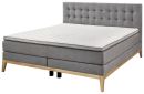 Modernes Boxspringbett mit grauem Stoffbezug, gepolstertem Kopfteil und Holzfüßen, Schlafzimmermöbel.