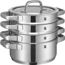 Dreiteiliges WMF Dampfgarer-Set aus Edelstahl mit Glasdeckel, stapelbar, glänzend, für gesundes Kochen.