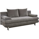 Modernes graues Sofa mit zwei Rückenkissen und Armlehnen, gepolstert, auf verchromten Metallfüßen.