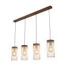 Moderne Pendelleuchte aus Holz mit vier hängenden Lampen, warmes Licht, ideal für Esszimmer oder Wohnzimmer.