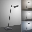 Moderne schwarze LED-Schreibtischlampe auf quadratischem Fuß, in vier verschiedenen Lichtfarben dargestellt.