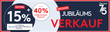 Grafik mit rotem Hintergrund und Text "Jubiläumsverkauf", 40 % Rabatt auf Möbel und 15 % auf Küchen.Details zu den Rabattboschaften siehe Ausschusstexte.