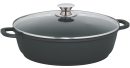 Schwarzer Kochtopf mit Glasdeckel und zwei Griffen, ideal zum Kochen, Braten und Schmoren in der Küche.