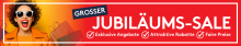  Werbebanner mit rotem Hintergrund, Schriftzug „GROSSER JUBILÄUMS-SALE“, links eine lachende Frau mit Einkaufstaschen; darunter Icons zu „Exklusive Angebote“, „Attraktive Rabatte“ und „Faire Preise“.