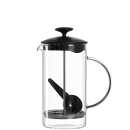 Transparente French Press Kaffeebereiter mit schwarzem Deckel und Löffel, ideal für frischen Filterkaffee.