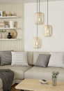 Moderne dreiflammige Pendelleuchte aus Holz mit runden, offenen Lampenschirmen im skandinavischen Design.