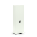 Weißer, hoher Aktenschrank mit zwei Türen und schwarzen Griffen, ideal für Büro-Aufbewahrung und Organisation.
