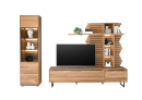Modernes Wohnzimmermöbel-Set aus Holz mit TV, Regal, Vitrine und dekorativen Accessoires, stilvoll beleuchtet.