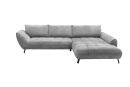 Graues Ecksofa mit moderner Polsterung, bequemer Sitzfläche und stilvollen schwarzen Beinen auf weißem Hintergrund.
