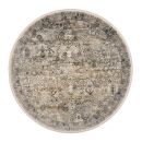 Runder Orientteppich in Beige und Grau mit detailliertem, traditionellem Muster auf hellem Hintergrund.