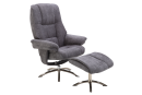 Grauer Relaxsessel mit passendem Hocker, gepolstert, auf Metallfüßen, ideal für Wohnzimmer und Büro.