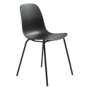Moderner schwarzer Stuhl mit ergonomischer Sitzschale und vier Metallbeinen, minimalistisches Design.