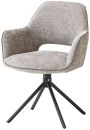 Moderner, drehbarer Polsterstuhl mit Armlehnen, grauem Stoffbezug und schwarzem Metallgestell auf vier Beinen.